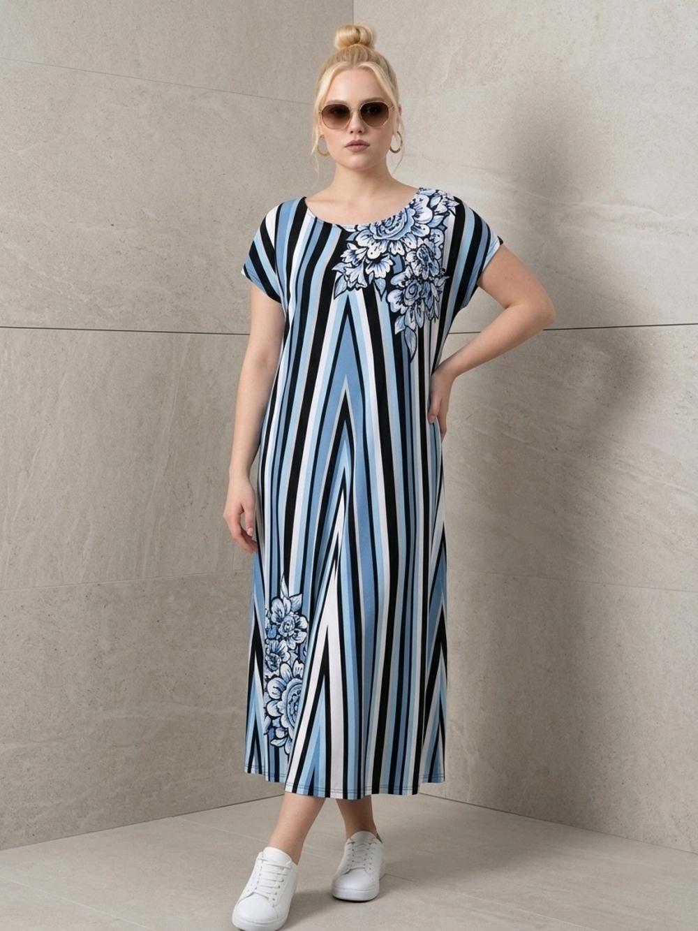 Bob Mackie Floral Stripe Maxi Dress in Black & Blue Size 1X